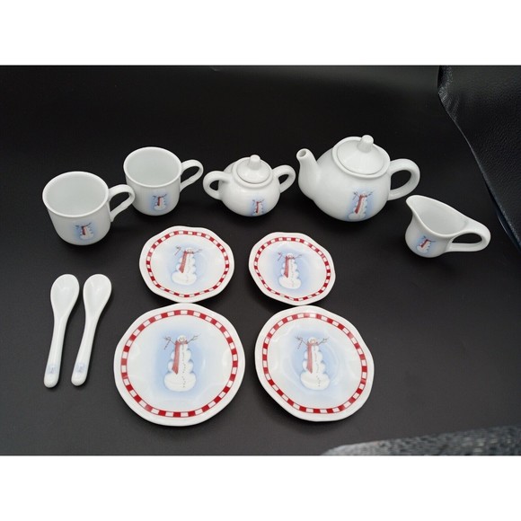 Miniature Snowman Porcelain Tea Party Set 13 Pieces Wicker Picnic Basket Vintage - Picture 4 of 12